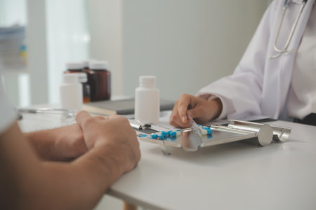 Healthcare service and pharmacy worker with customer at store counter for medication explanation. Pharmaceutical advice and opinion of pharmacist helping girl with medicine information.の写真素材