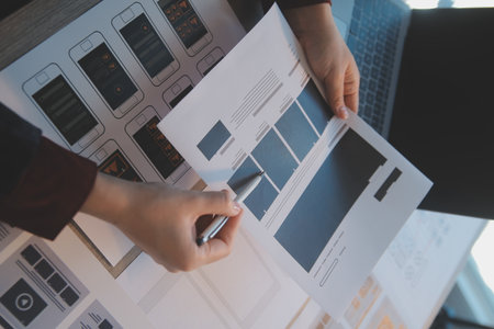 UX UI design process for modish mobile application and website . Creative prototype of wireframe for professional app developer .の写真素材