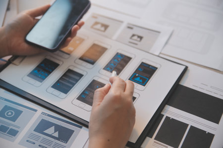 UX UI design process for modish mobile application and website . Creative prototype of wireframe for...