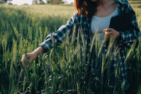 Smart farm. Farmer with tablet in the field. Agriculture, gardening or ecology concept. Harvesting....