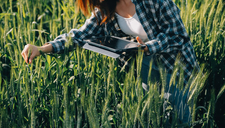 Smart farm. Farmer with tablet in the field. Agriculture, gardening or ecology concept. Harvesting. Agro business.の写真素材