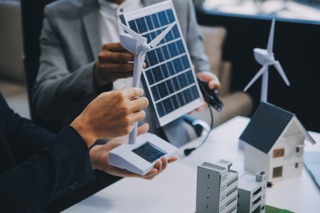 Two Young Engineers Expertise in Solar Cell Installation Meetings and Discussion in The Job. Planning to Install Solar Photovoltaic Panels on Roof Top in The Office Room with Factory Building Plan.の写真素材