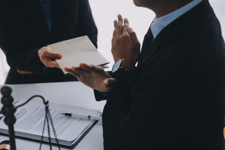 Justice and Law concept. Legal counsel presents to the client a signed contract with gavel and legal law or legal having team meeting at law firm in backgroundの写真素材