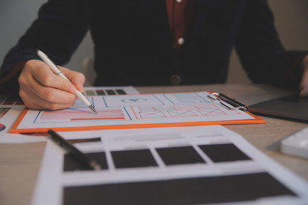 UX UI design process for modish mobile application and website . Creative prototype of wireframe for professional app developer .の写真素材
