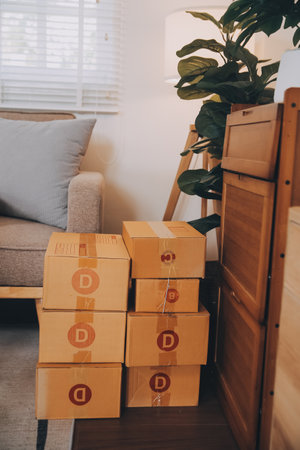 Asian SME business women use laptop computer checking customer order online shipping boxes at home....
