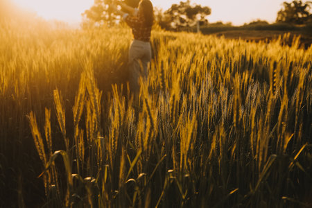 Young pretty woman in red summer dress and straw hat walking on yellow farm field with ripe golden...