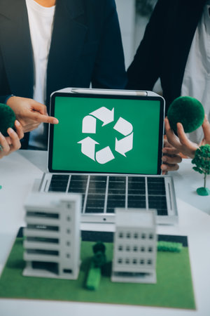 Carbon offset price report CO2 emission. Future growth Net zero waste in ESG ethical SME office protect climate change global warming social issues project. Group of asia people Eco friendly SDGs planの写真素材