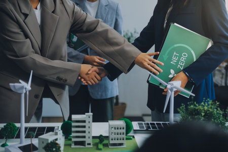 Carbon offset price report CO2 emission. Future growth Net zero waste in ESG ethical SME office protect climate change global warming social issues project. Group of asia people Eco friendly SDGs planの写真素材