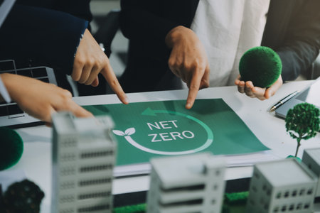 Carbon offset price report CO2 emission. Future growth Net zero waste in ESG ethical SME office...