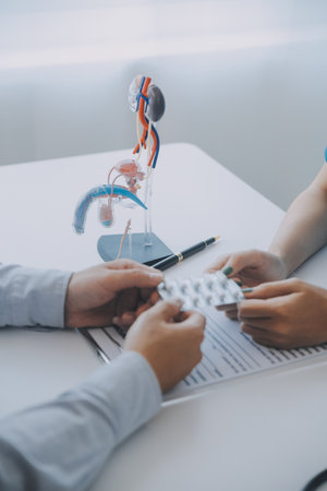 Doctor uses anatomical model to explain male urinary system. Model labeled with parts, doctor points and explains how they work together for urinary function, ensuring patient comprehension.の写真素材