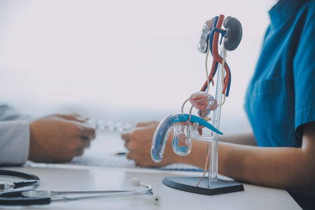 Doctor uses anatomical model to explain male urinary system. Model labeled with parts, doctor points and explains how they work together for urinary function, ensuring patient comprehension.の写真素材