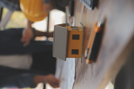 A team of construction engineers talks to managers and construction workers at the construction...