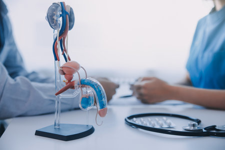 Doctor uses anatomical model to explain male urinary system. Model labeled with parts, doctor points...