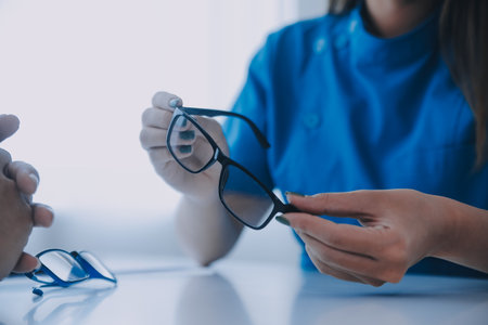 Close-up of Asian female doctor talking with elderly patient showing eyeball model and explaining eye disease in hospitalの写真素材