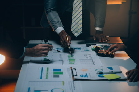 Business team meeting present, investor colleagues consultation and conference new strategy plan business and market growth on financial document graph report, Meeting and Talking.の写真素材