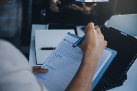 Finance manager meeting discussing company growth project success financial statistics, professional investor working start up project for strategy plan with document, laptop and digital tablet.の写真素材