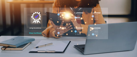 Online digital audit survey form, assessment test survey on technology internet website, answer test questions, study take an assessment for certificate. Questionnaire, evaluation, Fill out the form.の写真素材