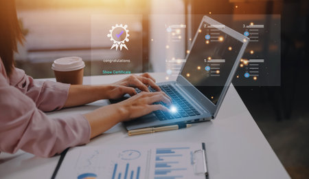Online digital audit survey form, assessment test survey on technology internet website, answer test...
