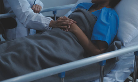 Cropped shot of a female nurse hold her senior patient's hand. Giving Support. Doctor helping old patient with Alzheimer's disease. Female carer holding hands of senior manの写真素材