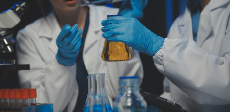 professional chemist woman laboratory using scientific microscope for science research, chemistry scientist with microbiology medicals equipment technology to working with medicine biology experimentの写真素材