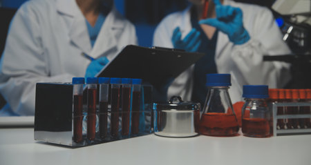 professional chemist woman laboratory using scientific microscope for science research, chemistry scientist with microbiology medicals equipment technology to working with medicine biology experimentの写真素材