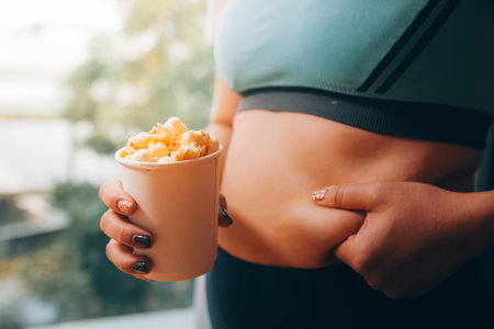A woman holding a bowl of popcornの写真素材