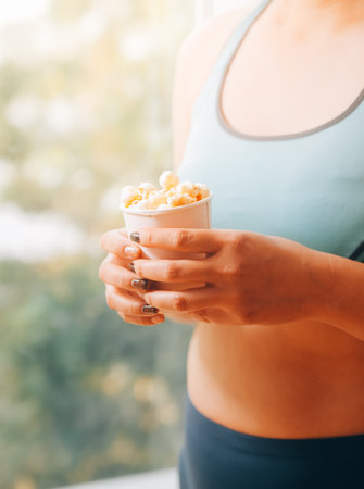 A woman holding a bowl of popcornの写真素材