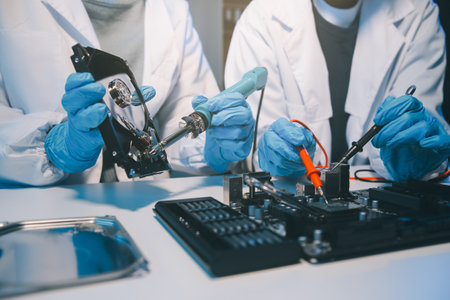 Close up of Technician measuring voltage electronic circuit board television, Service after sale fix...