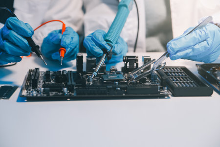 Close up of Technician measuring voltage electronic circuit board television, Service after sale fix electric equipment within insurance.の写真素材