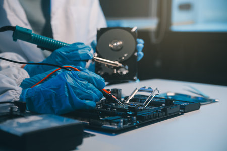 Close up of Technician measuring voltage electronic circuit board television, Service after sale fix electric equipment within insurance.の写真素材