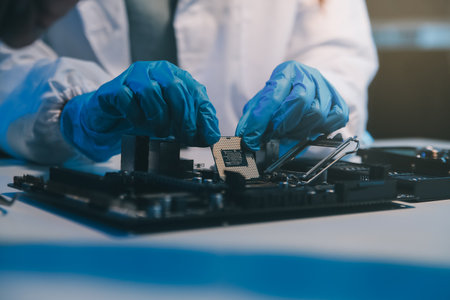 Close up of Technician measuring voltage electronic circuit board television, Service after sale fix...