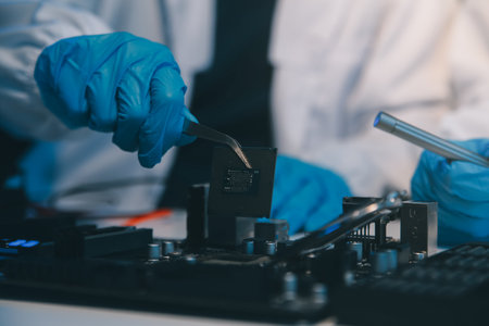 Close up of Technician measuring voltage electronic circuit board television, Service after sale fix electric equipment within insurance.の写真素材