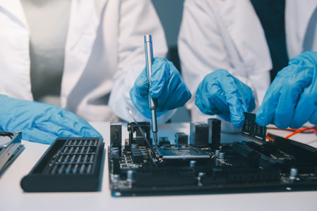 Close up of Technician measuring voltage electronic circuit board television, Service after sale fix...