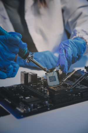 Close up of Technician measuring voltage electronic circuit board television, Service after sale fix electric equipment within insurance.の写真素材