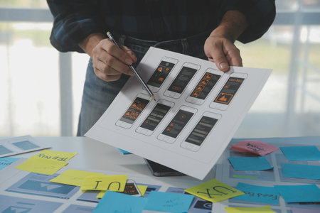 ux Graphic designer creative sketch planning application process development prototype wireframe for web mobile phone . User experience concept.の写真素材