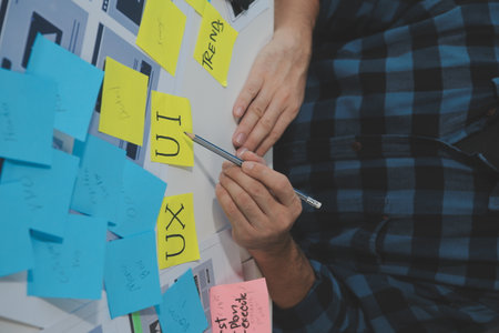 ux Graphic designer creative sketch planning application process development prototype wireframe for web mobile phone . User experience concept.の写真素材