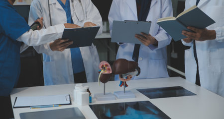 Medical, meeting and laptop for team in office in discussion, brainstorming and planning. Doctor, nurse and computer on desk, teamwork or workshop for Model Internal organ.の写真素材