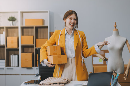 Portrait of Starting small businesses owners female entrepreneurs working on receipt box and check online orders to prepare to pack the boxes, sell to customers, sme business ideas online.の写真素材