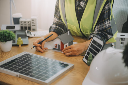 Wind energy engineer designing and developing project for residential districtの写真素材