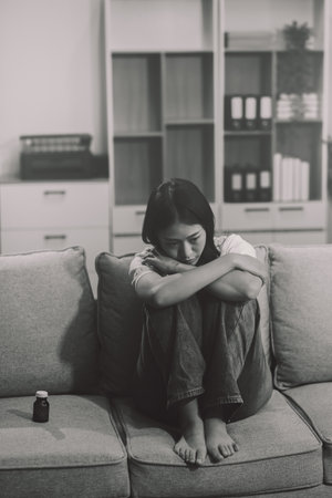 Upset woman frustrated by problem with work or relationships, sitting on couch, embracing knees,...