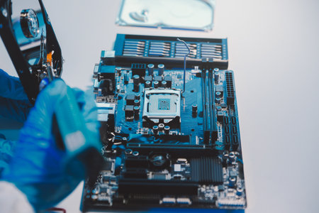 Close up of Technician measuring voltage electronic circuit board television, Service after sale fix electric equipment within insurance.の写真素材