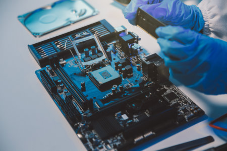 Close up of Technician measuring voltage electronic circuit board television, Service after sale fix electric equipment within insurance.の写真素材