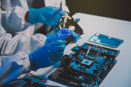 Close up of Technician measuring voltage electronic circuit board television, Service after sale fix electric equipment within insurance.の写真素材