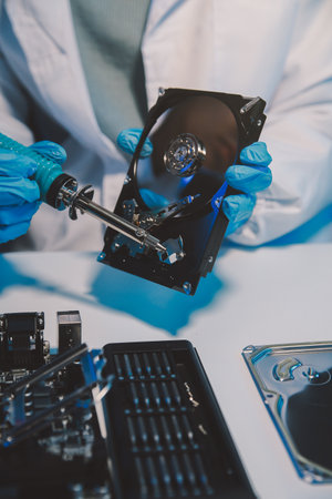 Close up of Technician measuring voltage electronic circuit board television, Service after sale fix electric equipment within insurance.の写真素材