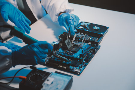 Close up of Technician measuring voltage electronic circuit board television, Service after sale fix electric equipment within insurance.の写真素材