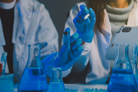 chemist,scientist hand dropping chemical liquid into test tube, science research and development conceptの写真素材