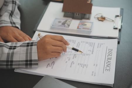 buy or sell real estate mortgage, Sale representative offer house purchase contract to buy a house or apartment and mortgage Money and Financial Conceptsの写真素材