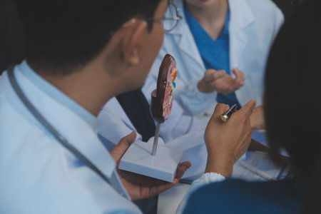 Medical, meeting and laptop for team in office in discussion, brainstorming and planning. Doctor, nurse and computer on desk, teamwork or workshop for Model Internal organ.の写真素材