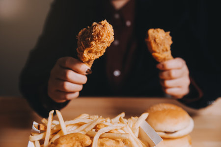 close up focus woman hand hold fried chicken for eat,girl with fast food conceptの写真素材