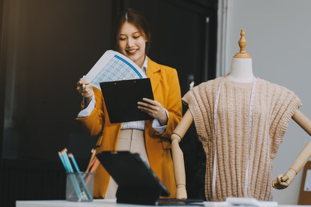 Portrait beautiful smile asian designer woman use computer in tailer fabric fashion small business online workshop. Young owner startup entrepreneur. Creative girl textile garment sme business conceptの写真素材